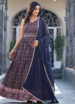 Soft Dola Navy Blue Festival Wear Mirror Work Readymade Gown With Dupatta